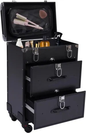 Rolling Makeup Case, 3 Layers Professional Large Cosmetic Trolley Train Cases with Locks Makeup Travel Case with Wheels Make up Suitcase Storage Organizer for Make-up Artists, Hairdressers (Black)