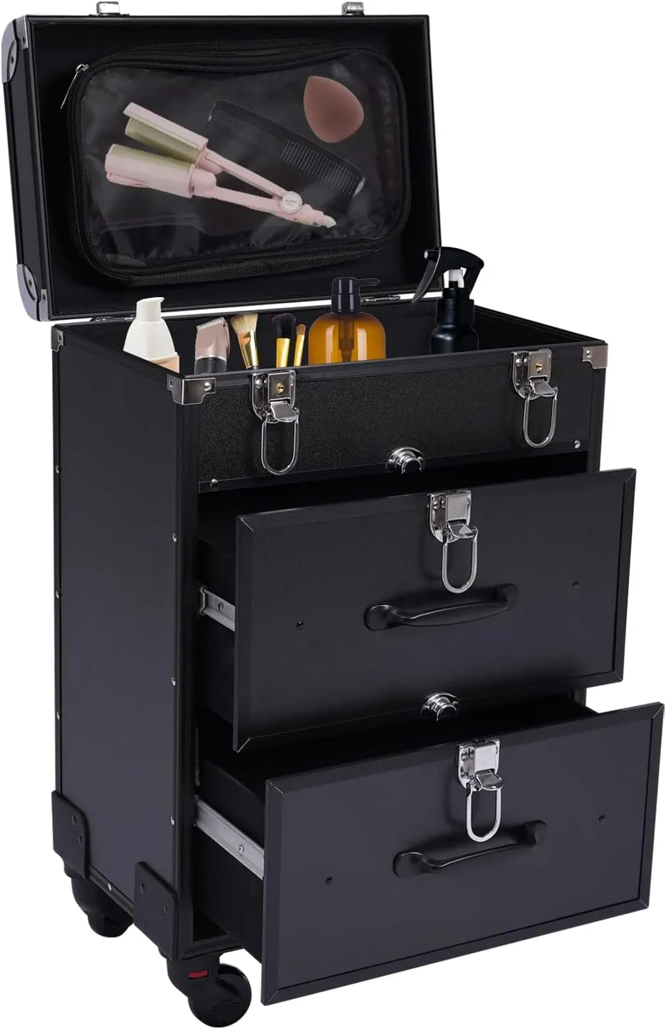 Rolling Makeup Case, 3 Layers Professional Large Cosmetic Trolley Train Cases with Locks Makeup Travel Case with Wheels Make up Suitcase Storage Organizer for Make-up Artists, Hairdressers (Black)