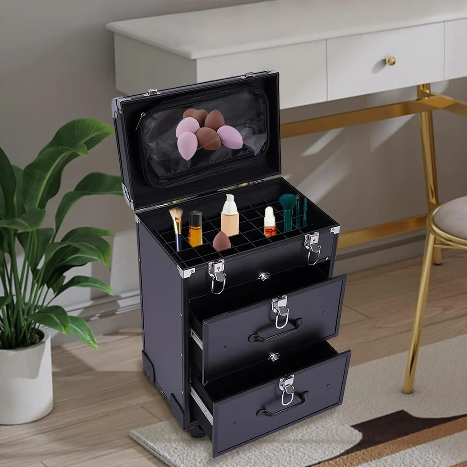 Rolling Makeup Case, 3 Layers Professional Large Cosmetic Trolley Train Cases with Locks Makeup Travel Case with Wheels Make up Suitcase Storage Organizer for Make-up Artists, Hairdressers (Black)
