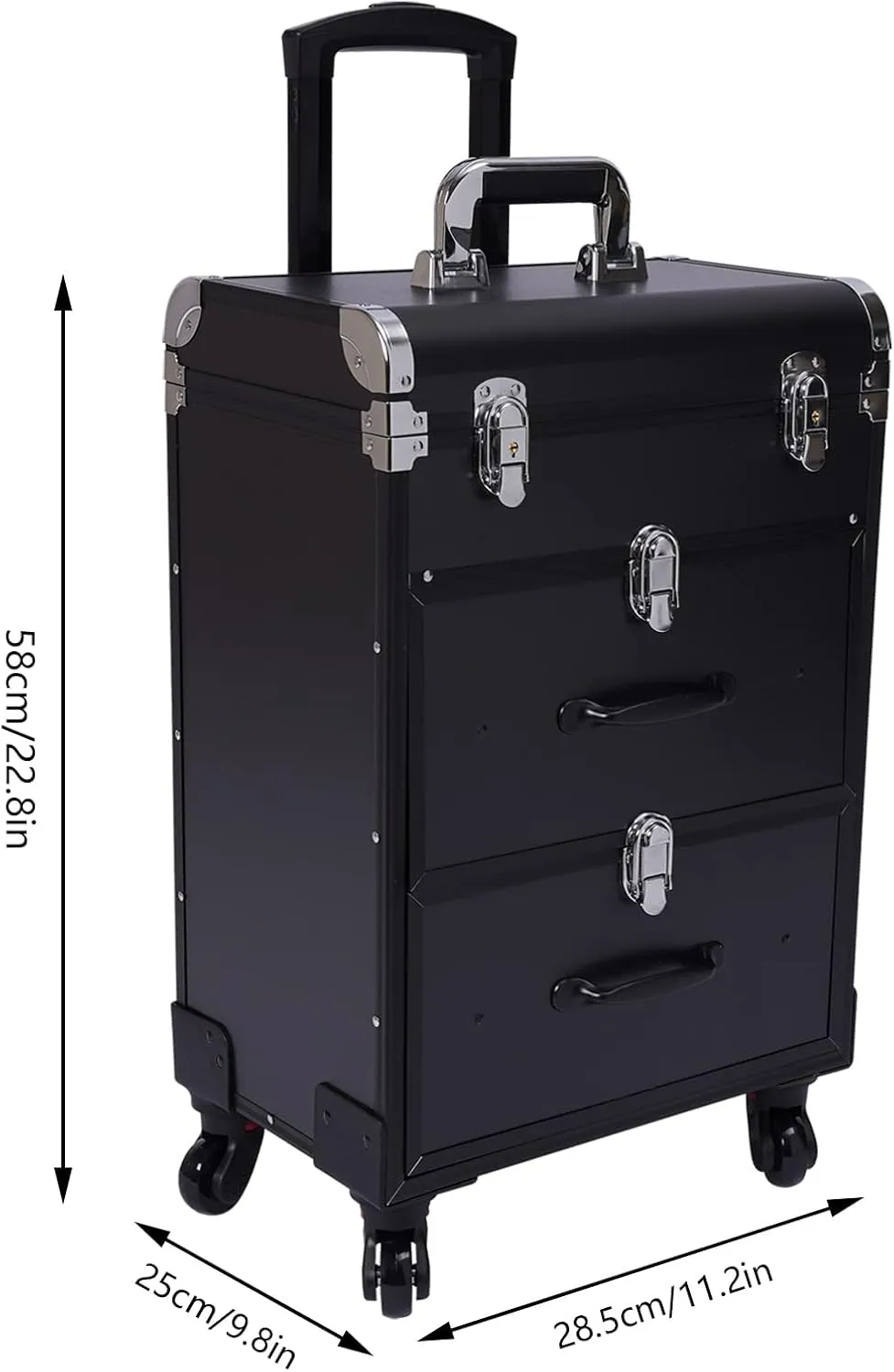 Rolling Makeup Case, 3 Layers Professional Large Cosmetic Trolley Train Cases with Locks Makeup Travel Case with Wheels Make up Suitcase Storage Organizer for Make-up Artists, Hairdressers (Black)