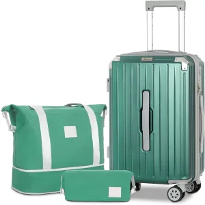 Romswi 3-Piece Carry-On Luggage Set with Cup Holder TSA Lock, 20" Hardside Spinner Suitcase with Duffel Bag, Lightweight Durable PC ABS Sage Green Travel Luggage