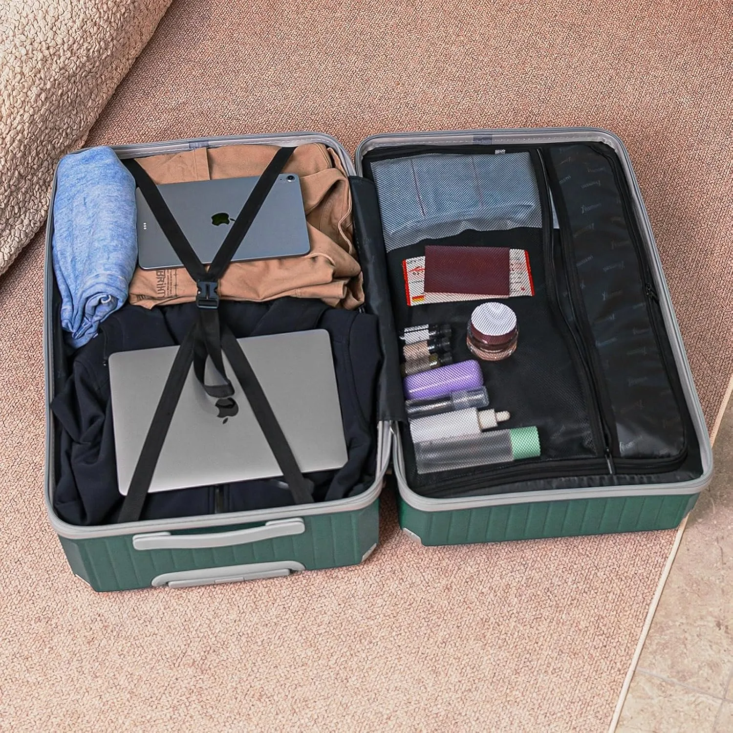 Romswi 3-Piece Carry-On Luggage Set with Cup Holder TSA Lock, 20" Hardside Spinner Suitcase with Duffel Bag, Lightweight Durable PC ABS Sage Green Travel Luggage