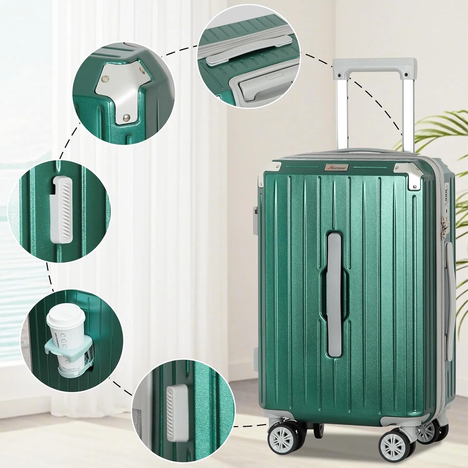 Romswi 3-Piece Carry-On Luggage Set with Cup Holder TSA Lock, 20" Hardside Spinner Suitcase with Duffel Bag, Lightweight Durable PC ABS Sage Green Travel Luggage