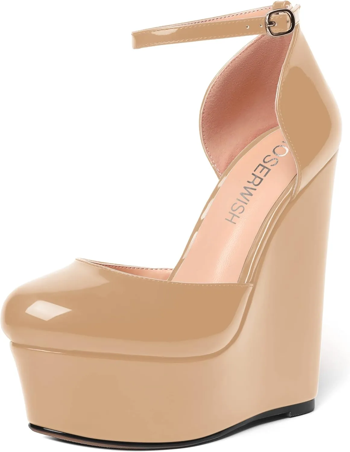 ROSERWISH Womens Night Club Ankle Strap Patent Sexy Platform Fashion Buckle Round Toe Wedge High Heel Pumps Shoes 6 Inch