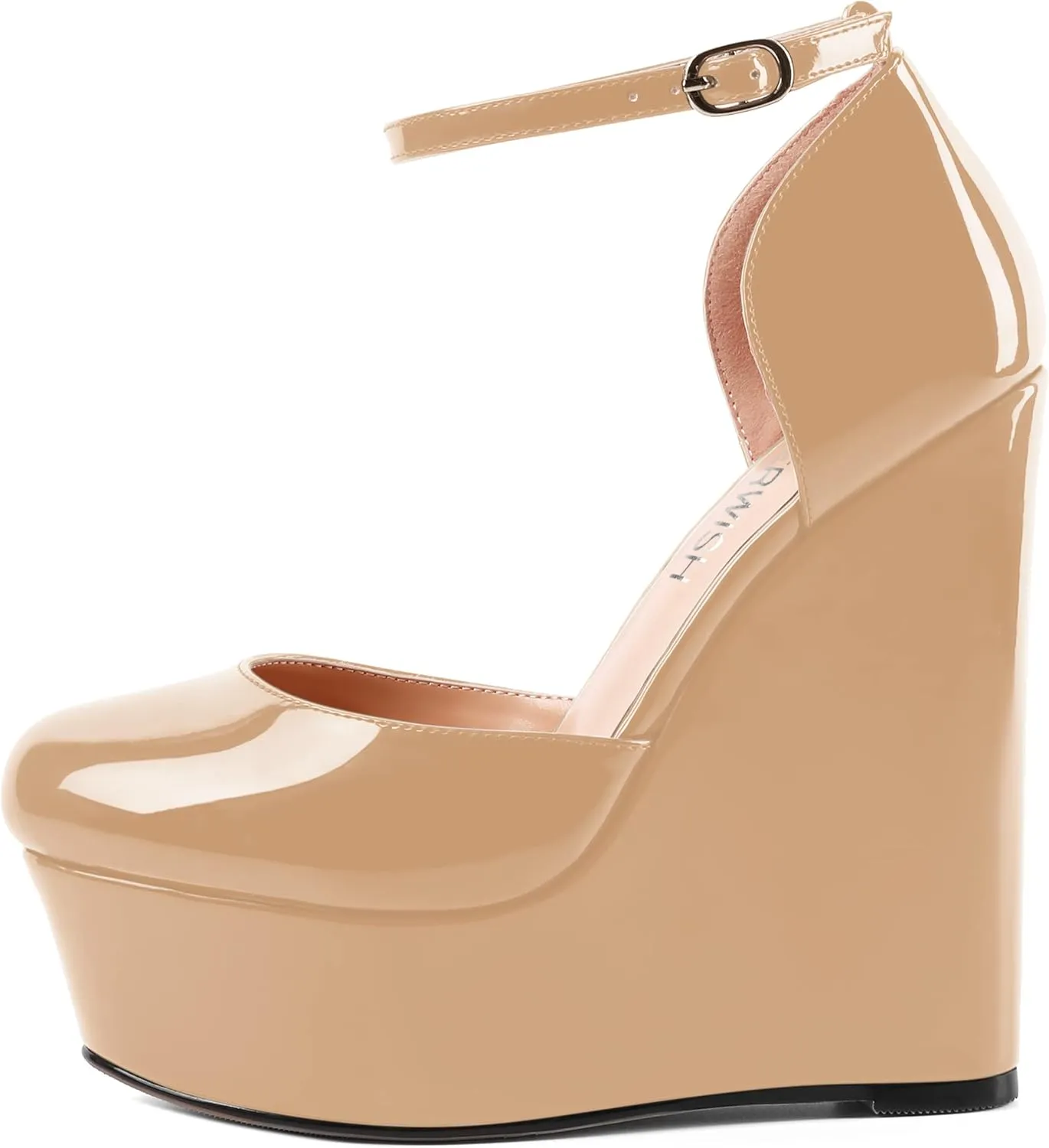 ROSERWISH Womens Night Club Ankle Strap Patent Sexy Platform Fashion Buckle Round Toe Wedge High Heel Pumps Shoes 6 Inch