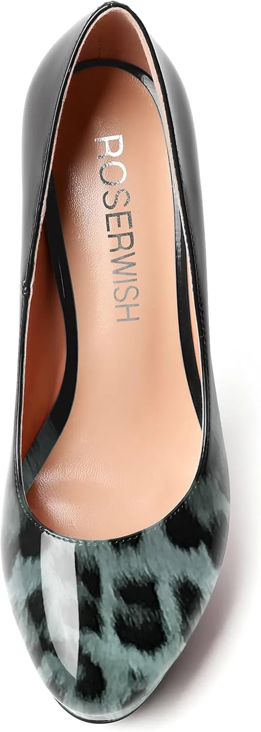 ROSERWISH Womens Round Toe Slip On Platform Patent Sexy Evening Party Stiletto High Heel Pumps Dress Shoes 5 Inch