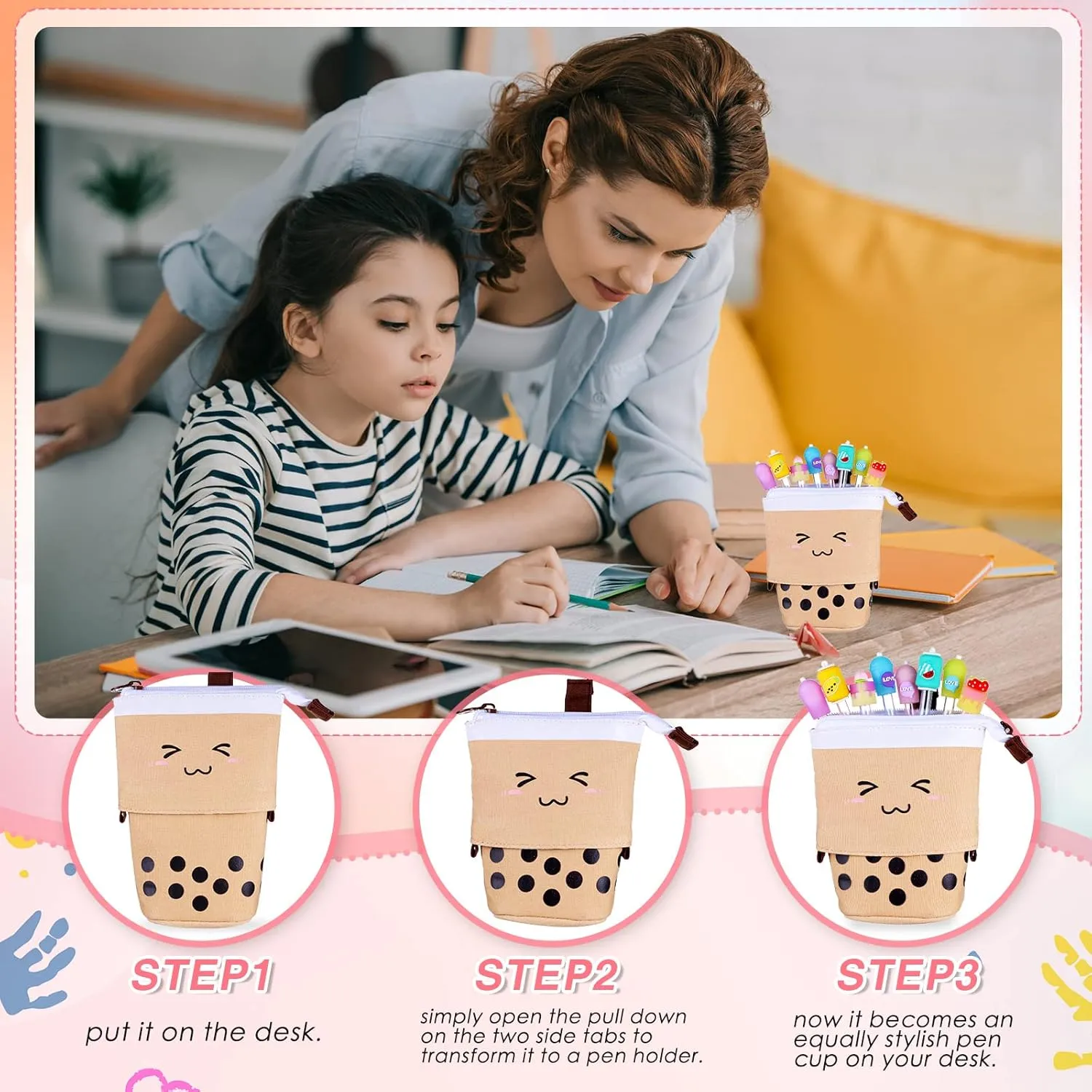 Sabary 228 Pcs Kawaii Stationary Set Include Telescopic Pencil Pouch Case Bag Gel Ink Pen Sticky Note Bubble Tea Sticker Pill Highlighter Stationary Cute School Supplies for Christmas(Cute)