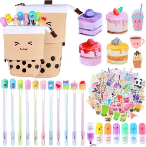 Sabary 228 Pcs Kawaii Stationary Set Include Telescopic Pencil Pouch Case Bag Gel Ink Pen Sticky Note Bubble Tea Sticker Pill Highlighter Stationary Cute School Supplies for Christmas(Cute)