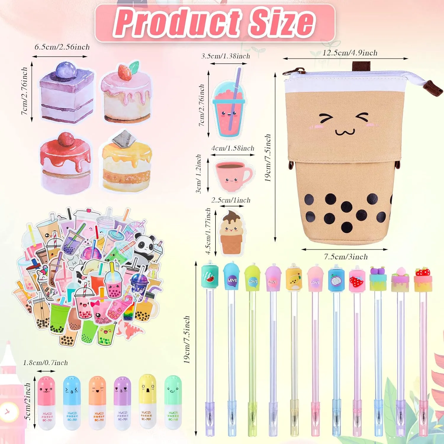 Sabary 228 Pcs Kawaii Stationary Set Include Telescopic Pencil Pouch Case Bag Gel Ink Pen Sticky Note Bubble Tea Sticker Pill Highlighter Stationary Cute School Supplies for Christmas(Cute)