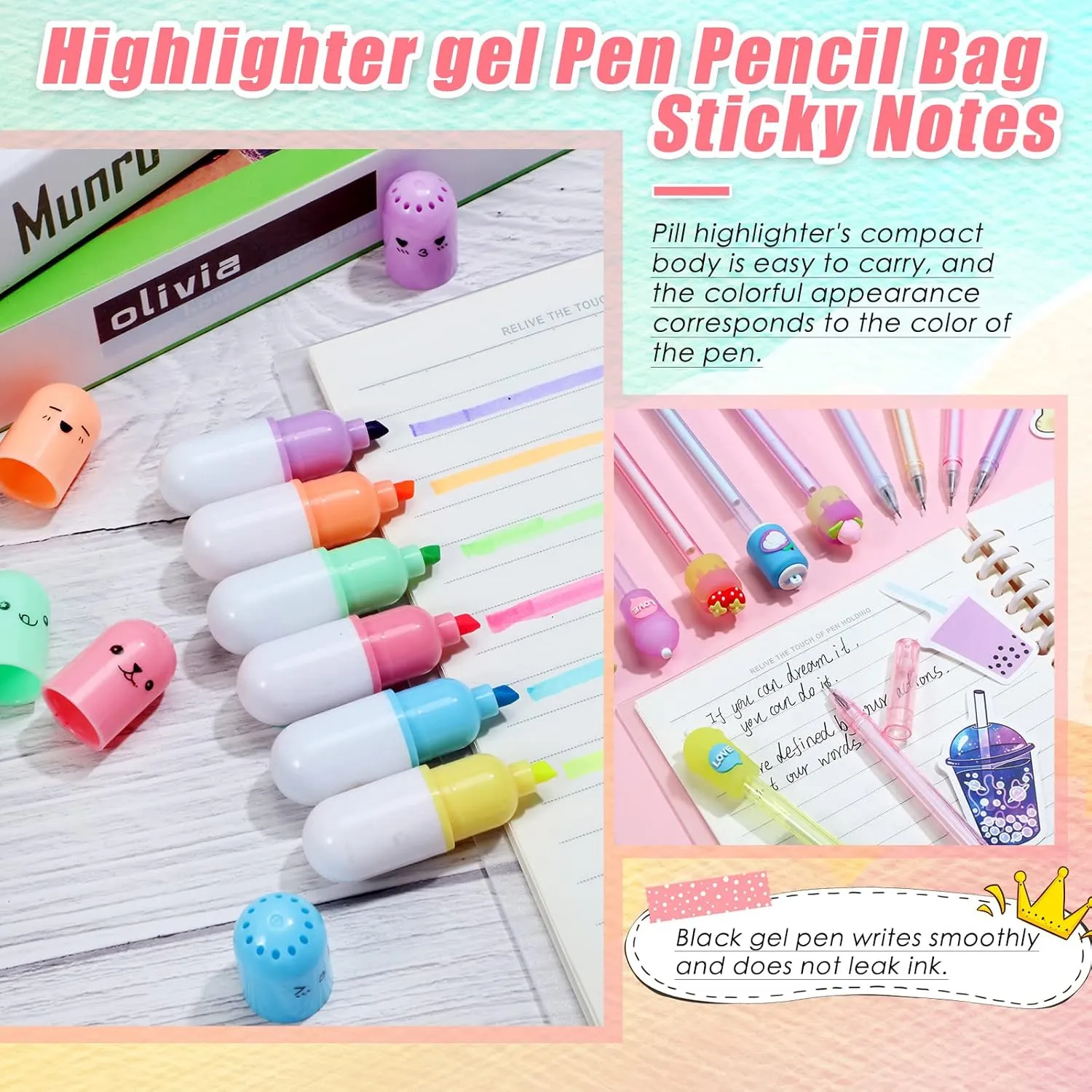 Sabary 228 Pcs Kawaii Stationary Set Include Telescopic Pencil Pouch Case Bag Gel Ink Pen Sticky Note Bubble Tea Sticker Pill Highlighter Stationary Cute School Supplies for Christmas(Cute)