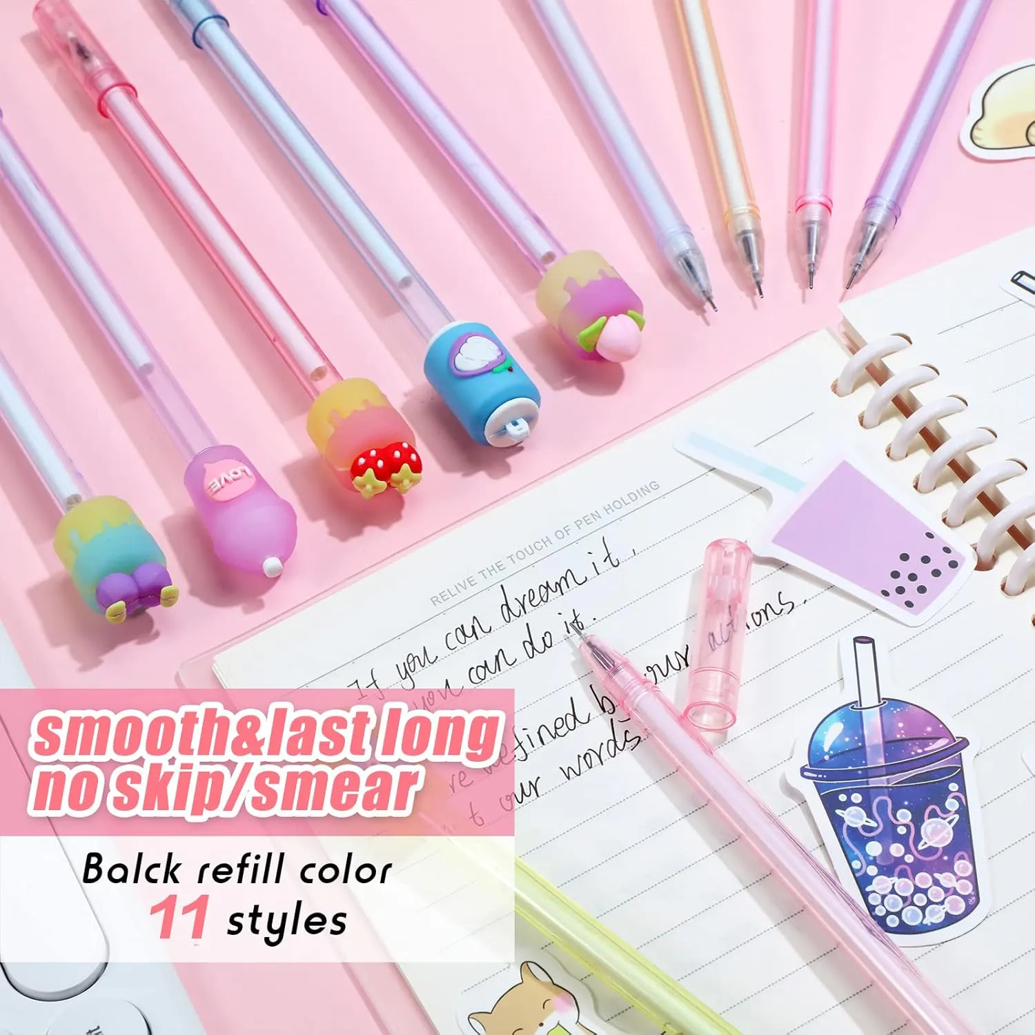 Sabary 228 Pcs Kawaii Stationary Set Include Telescopic Pencil Pouch Case Bag Gel Ink Pen Sticky Note Bubble Tea Sticker Pill Highlighter Stationary Cute School Supplies for Christmas(Cute)
