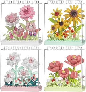 Sacblirr Set of 4 Flower Bouquet Building Set Toy with Dust Cover – Perfect Toys Gift for Home Decor, Art Collection, and Office Display Buildings Blocks