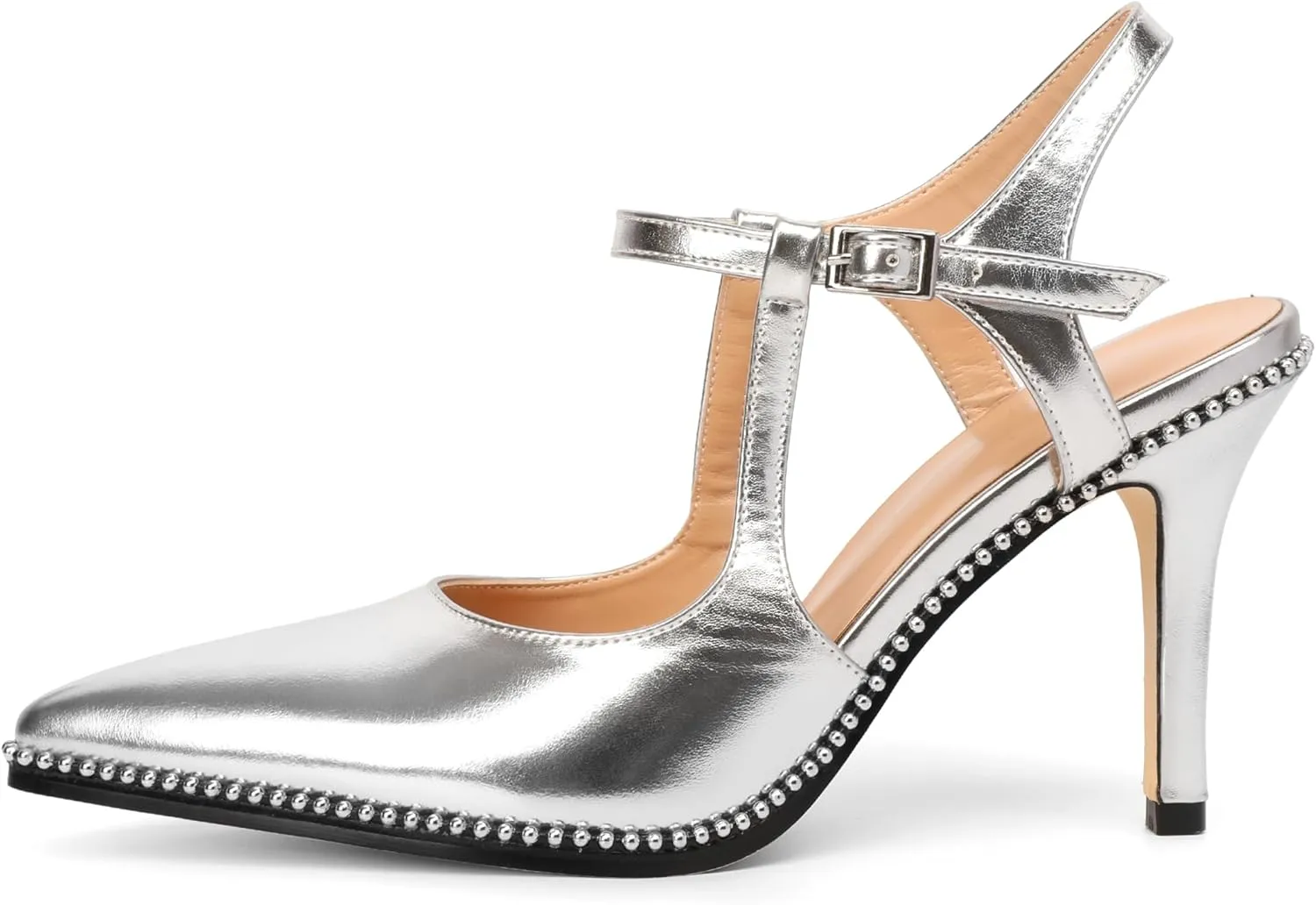 SAMMITOP Womens High Heels Pointed Toe Ankle Strap Pumps Silver Beaded T-Strap Stilettos Sexy Heeled Office Wedding Dress Shoes 3.5 Inch