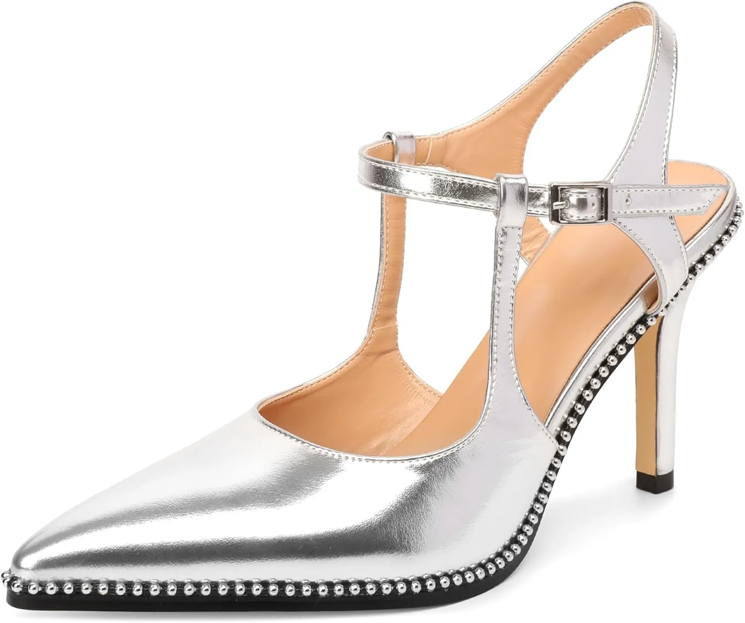 SAMMITOP Womens High Heels Pointed Toe Ankle Strap Pumps Silver Beaded T-Strap Stilettos Sexy Heeled Office Wedding Dress Shoes 3.5 Inch
