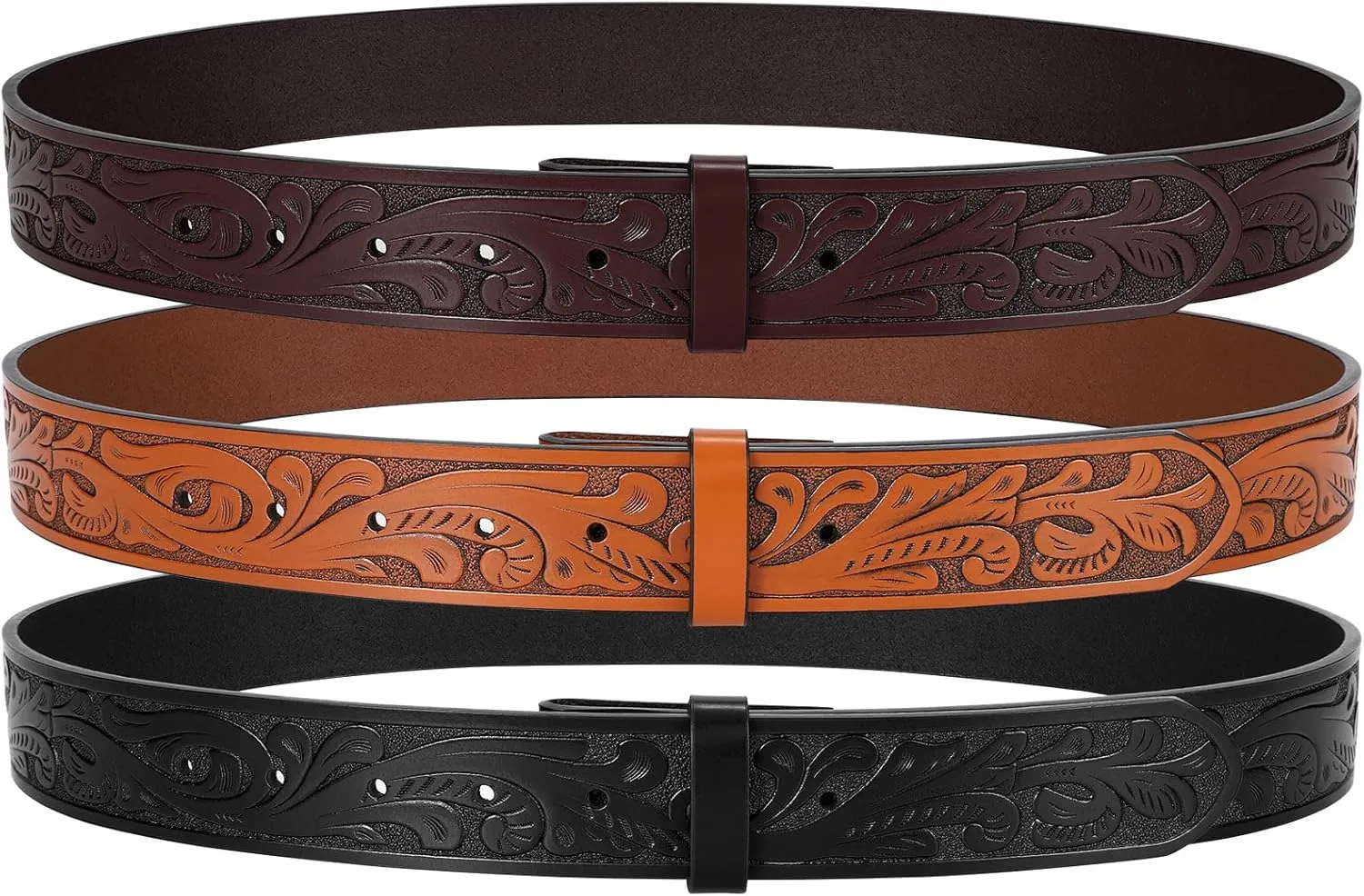 SANSTHS 3 Pack Western Belts for Men Woman without Buckle, Cowgirl Cowboy Belt for Buckle Western Leather Belt for Jeans