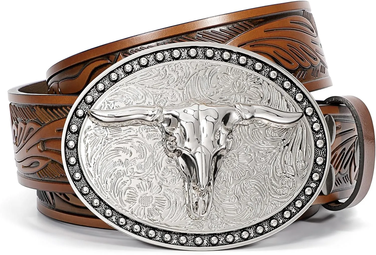 SANSTHS Western Belt Cowboy Belts for Men Women, Western Leather Belts Bull Buckle Belt Embossed Leather Belt for Jeans