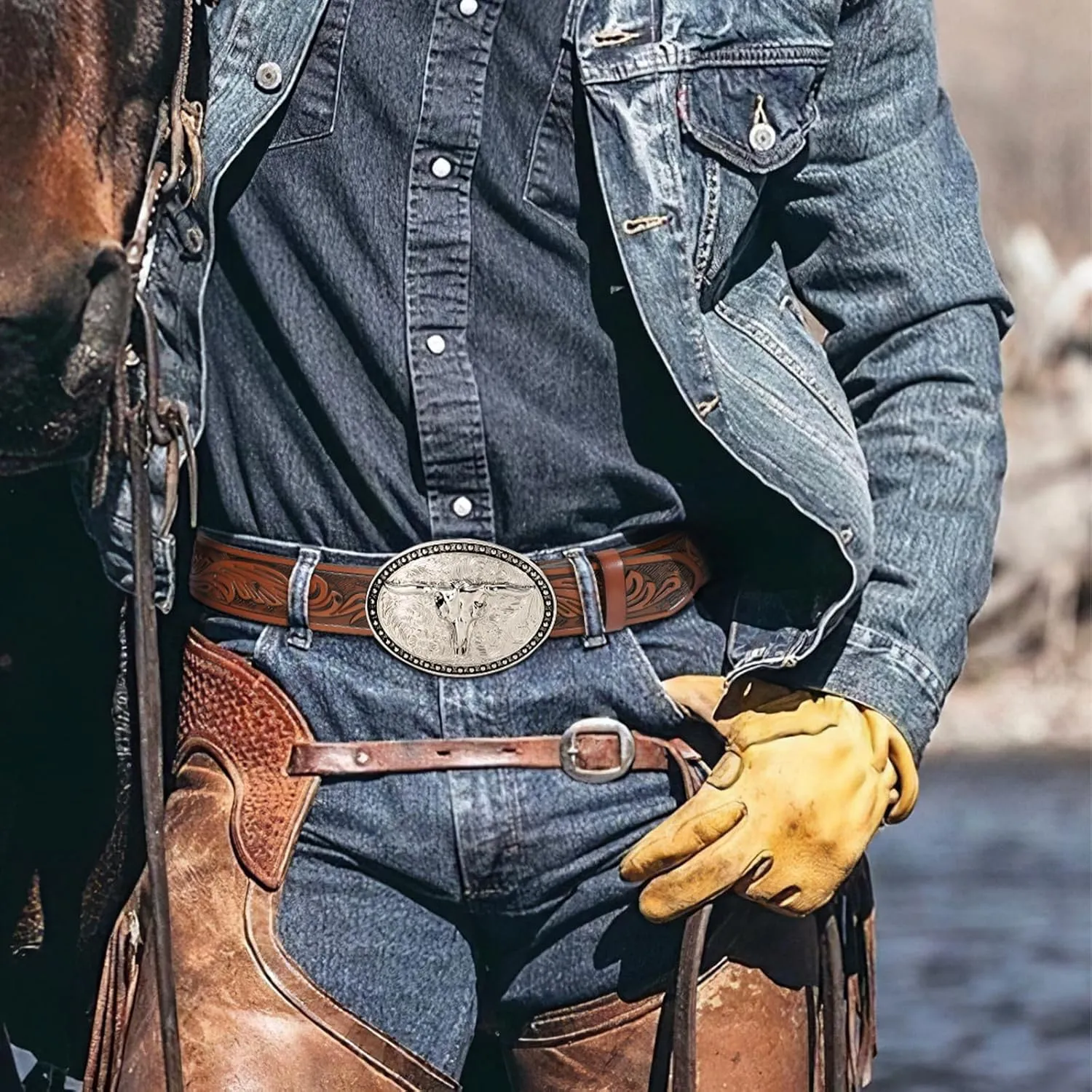 SANSTHS Western Belt Cowboy Belts for Men Women, Western Leather Belts Bull Buckle Belt Embossed Leather Belt for Jeans