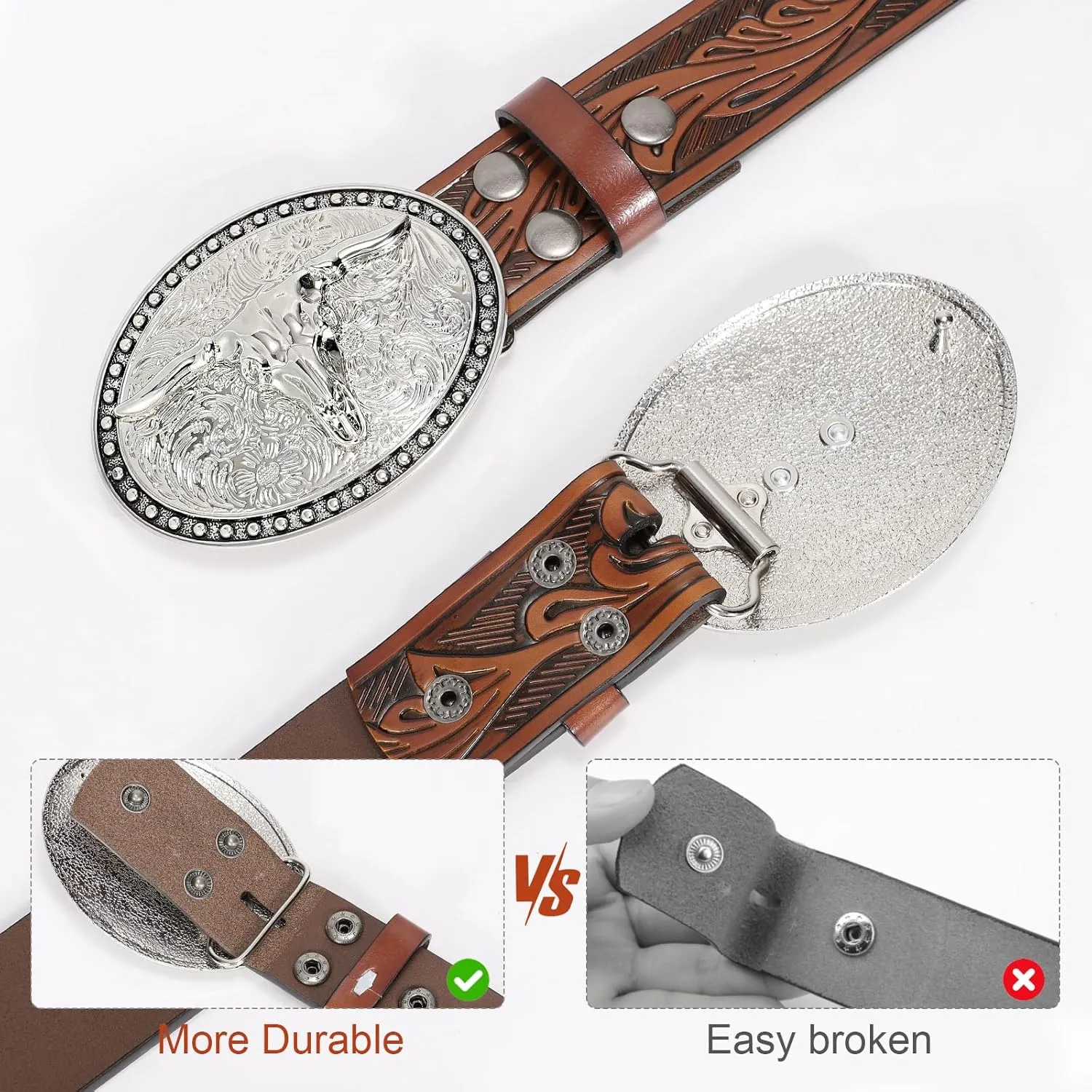SANSTHS Western Belt Cowboy Belts for Men Women, Western Leather Belts Bull Buckle Belt Embossed Leather Belt for Jeans