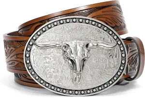 SANSTHS Western Belt Cowboy Belts for Men Women, Western Leather Belts Bull Buckle Belt Embossed Leather Belt for Jeans