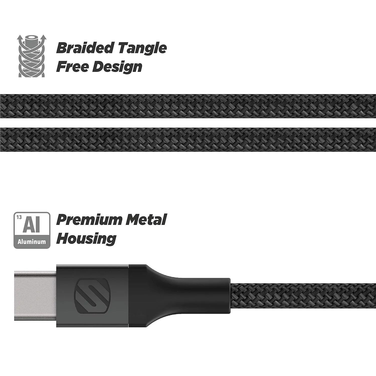 Scosche Ci4B4SG-SP MFi Certified Strikeline Sync Braided Charging Cable for Lightning and USB-C Devices, 4 Feet, Space Gray