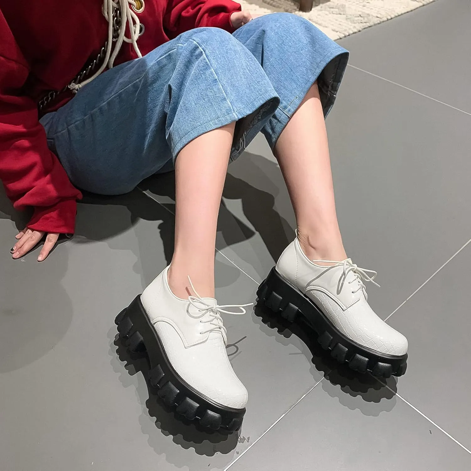 SEIFIN Women's Patent Leather Chunky Heel Platform Oxfords Creeper Lug Sole Shoes Height Increase Gothic Lace Up Pumps