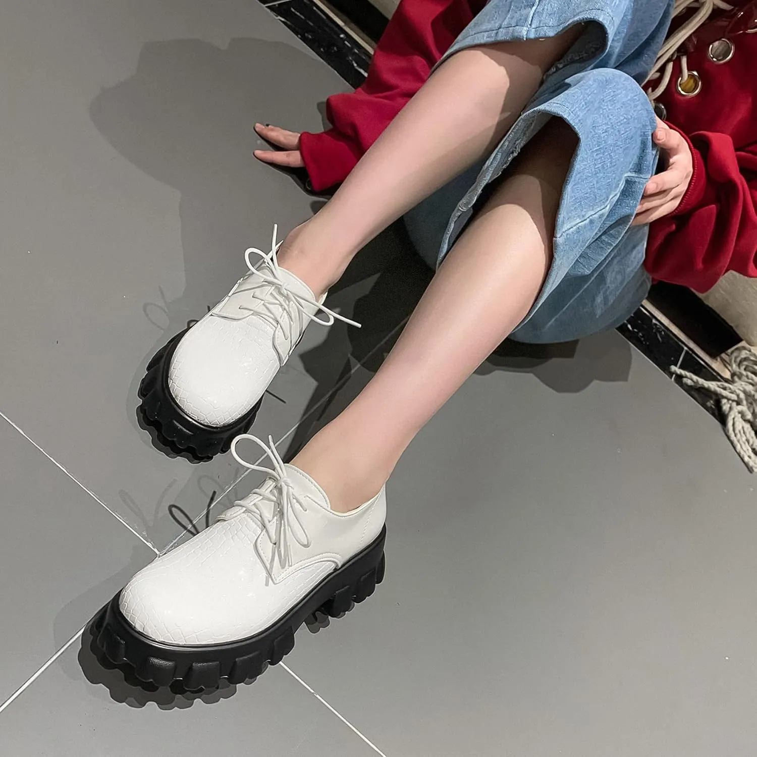 SEIFIN Women's Patent Leather Chunky Heel Platform Oxfords Creeper Lug Sole Shoes Height Increase Gothic Lace Up Pumps