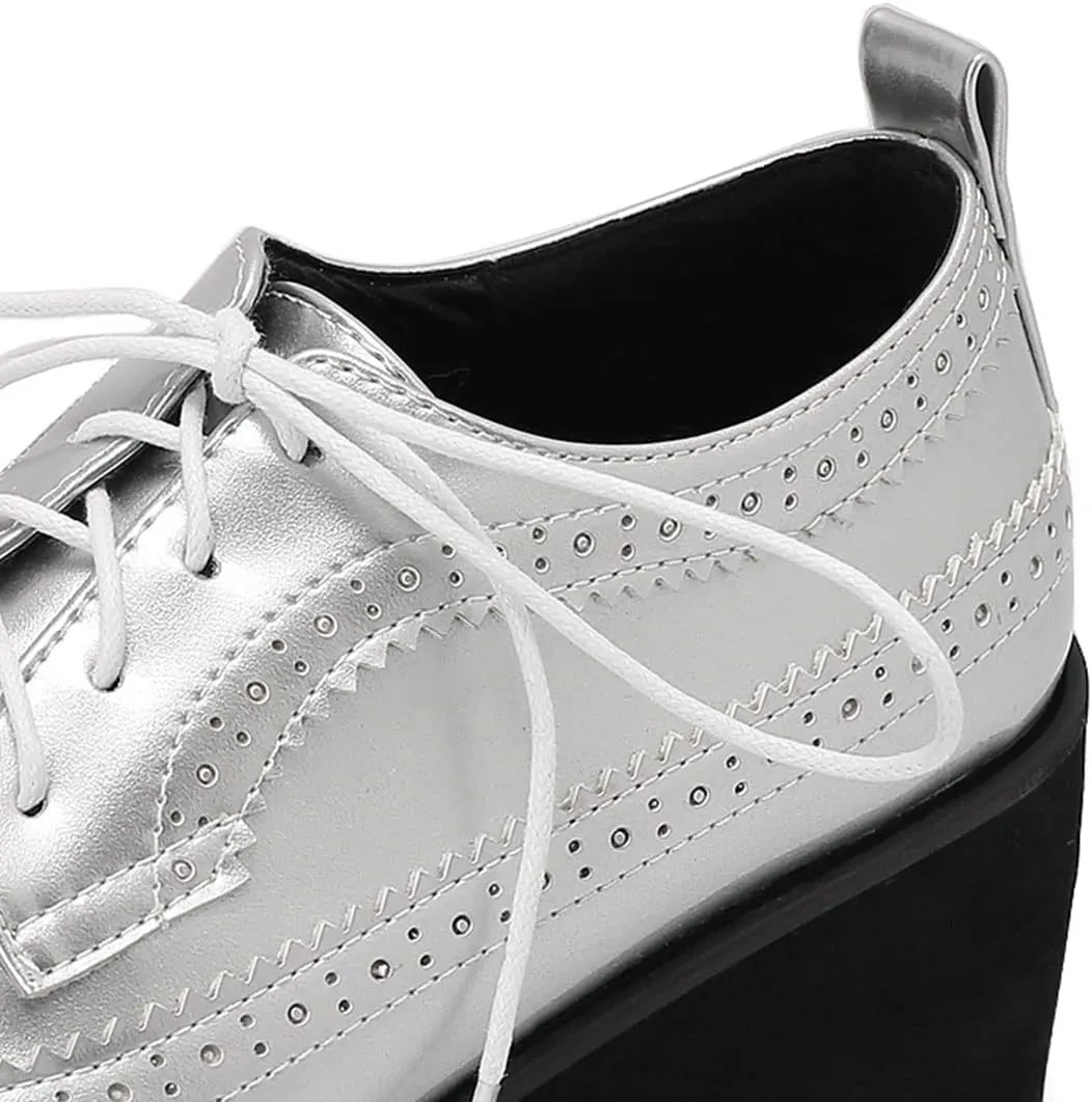 SHEMEE Women's Patent Leather Wedge Heel Platform Oxfords Pumps Wingtip Lace Up Round Toe Brogues Sneaker Shoes