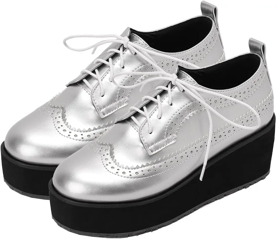 SHEMEE Women's Patent Leather Wedge Heel Platform Oxfords Pumps Wingtip Lace Up Round Toe Brogues Sneaker Shoes