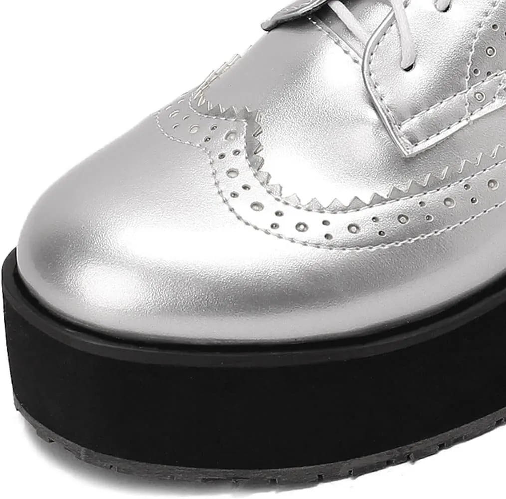SHEMEE Women's Patent Leather Wedge Heel Platform Oxfords Pumps Wingtip Lace Up Round Toe Brogues Sneaker Shoes