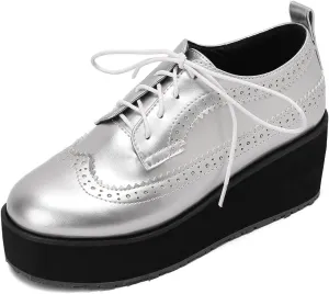 SHEMEE Women's Patent Leather Wedge Heel Platform Oxfords Pumps Wingtip Lace Up Round Toe Brogues Sneaker Shoes