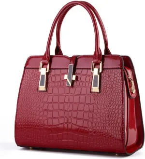 Shiny Patent Leather Handbag for Women Purse Crocodile Pattern Top-Handle Satchel Ladies Shoulder Bag Tote