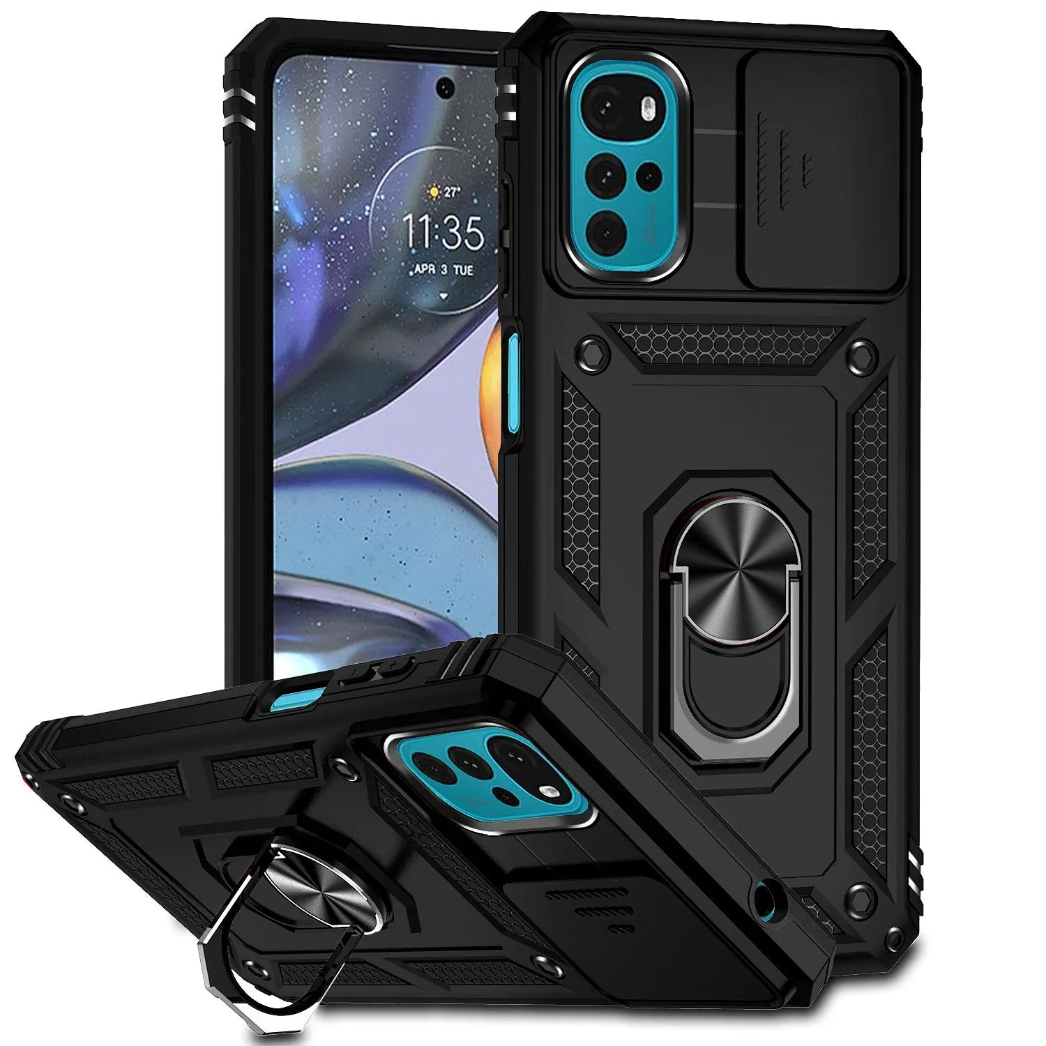 Shockproof Armor Case For Motorola With Ring Holder And Sliding Camera Protection Cover