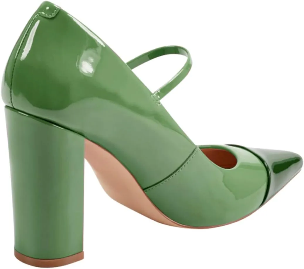 SHODENSE Women Chunky High Heel Mary Jane Pumps Shoes Ankle Strap Closed Pointed Toe Dress Sandals Two-Toned Cap Toe Patent Leather Mary Jane Heels Buckle Patchwork Office Work Party Dance 4-11 M US
