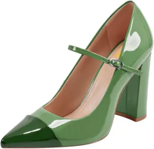 SHODENSE Women Chunky High Heel Mary Jane Pumps Shoes Ankle Strap Closed Pointed Toe Dress Sandals Two-Toned Cap Toe Patent Leather Mary Jane Heels Buckle Patchwork Office Work Party Dance 4-11 M US