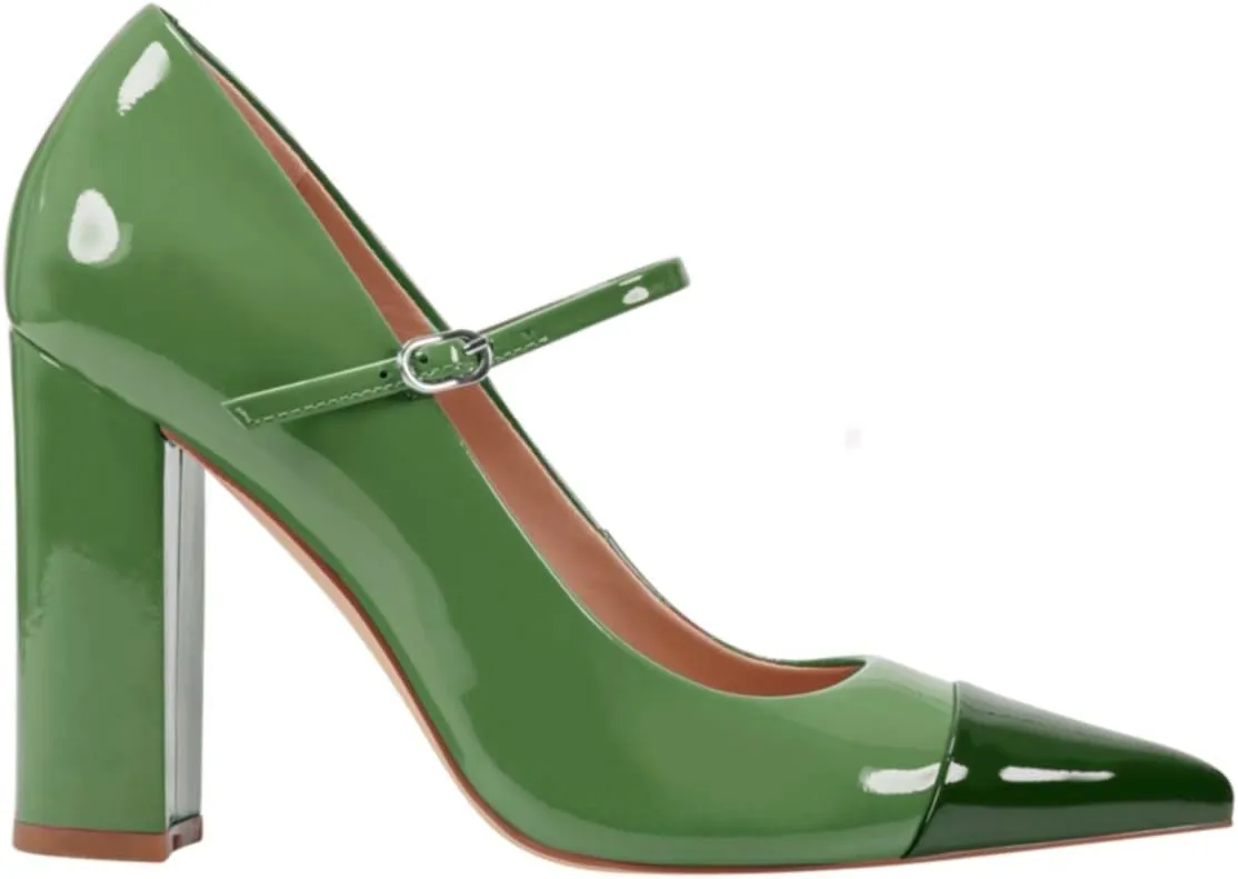 SHODENSE Women Chunky High Heel Mary Jane Pumps Shoes Ankle Strap Closed Pointed Toe Dress Sandals Two-Toned Cap Toe Patent Leather Mary Jane Heels Buckle Patchwork Office Work Party Dance 4-11 M US