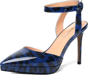 SHOWFOREST Womens Ankle Strap Night Club Dress Pointed Toe Patent Buckle Stiletto High Heel Pumps Shoes 4 Inch