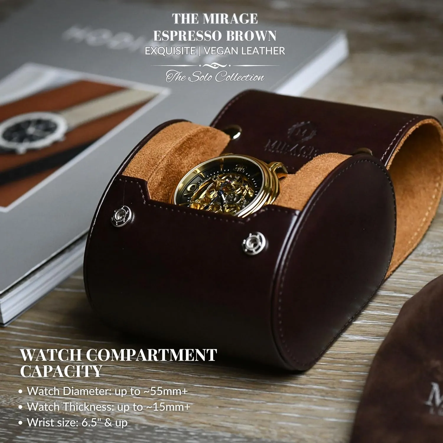 Single Watch Case Travel Box - Watch Travel Case for Men – Single Watch Roll - Espresso Brown Swiss Motif Vegan Leather