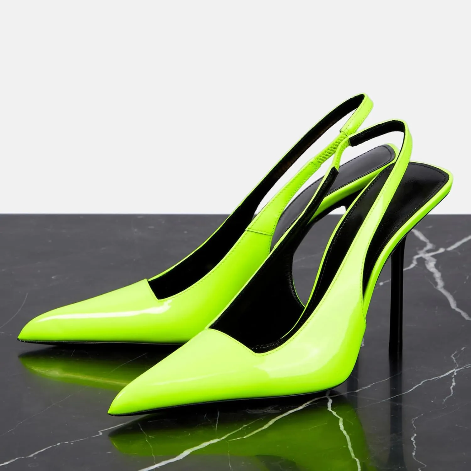 Slingback Stiletto Heels for Women Pointed Toe Slip On Patent Leather Pumps Backless Stretch Strap Dress High Heels