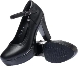 Soft Cowhide Thick Heels high Heels Leather Shoes Round Heel Waterproof Platform Genuine Leather Shoes