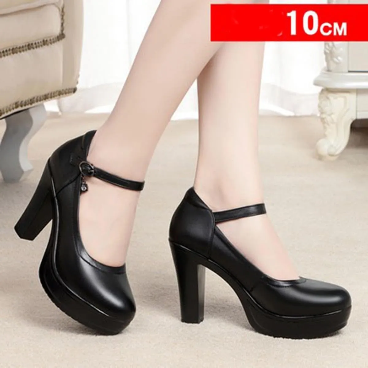 Soft Cowhide Thick Heels high Heels Leather Shoes Round Heel Waterproof Platform Genuine Leather Shoes