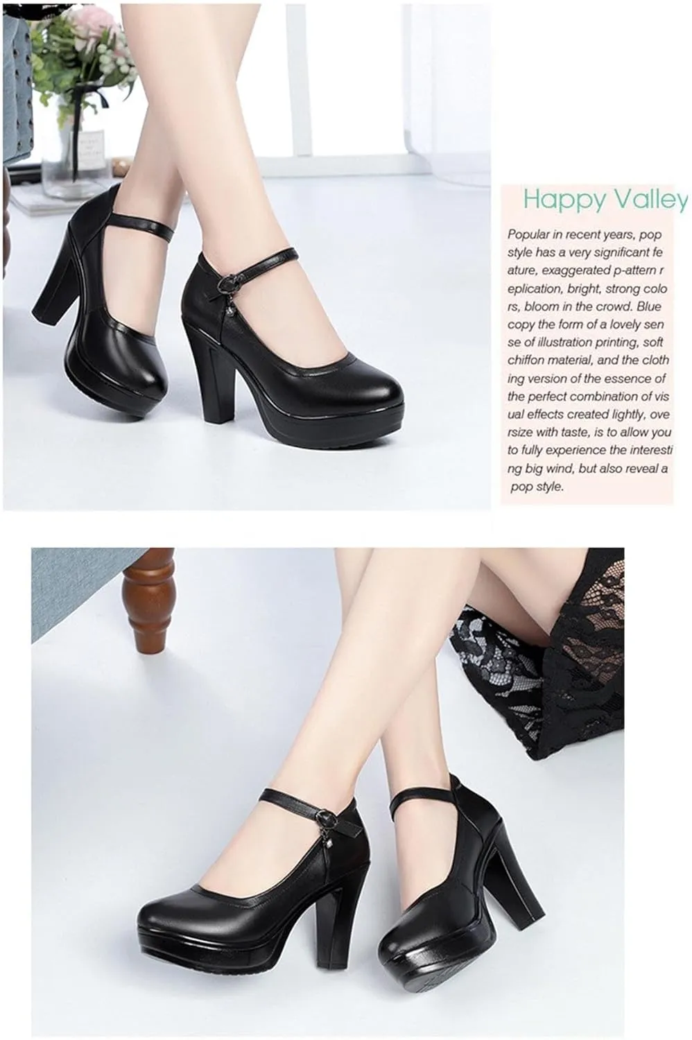 Soft Cowhide Thick Heels high Heels Leather Shoes Round Heel Waterproof Platform Genuine Leather Shoes