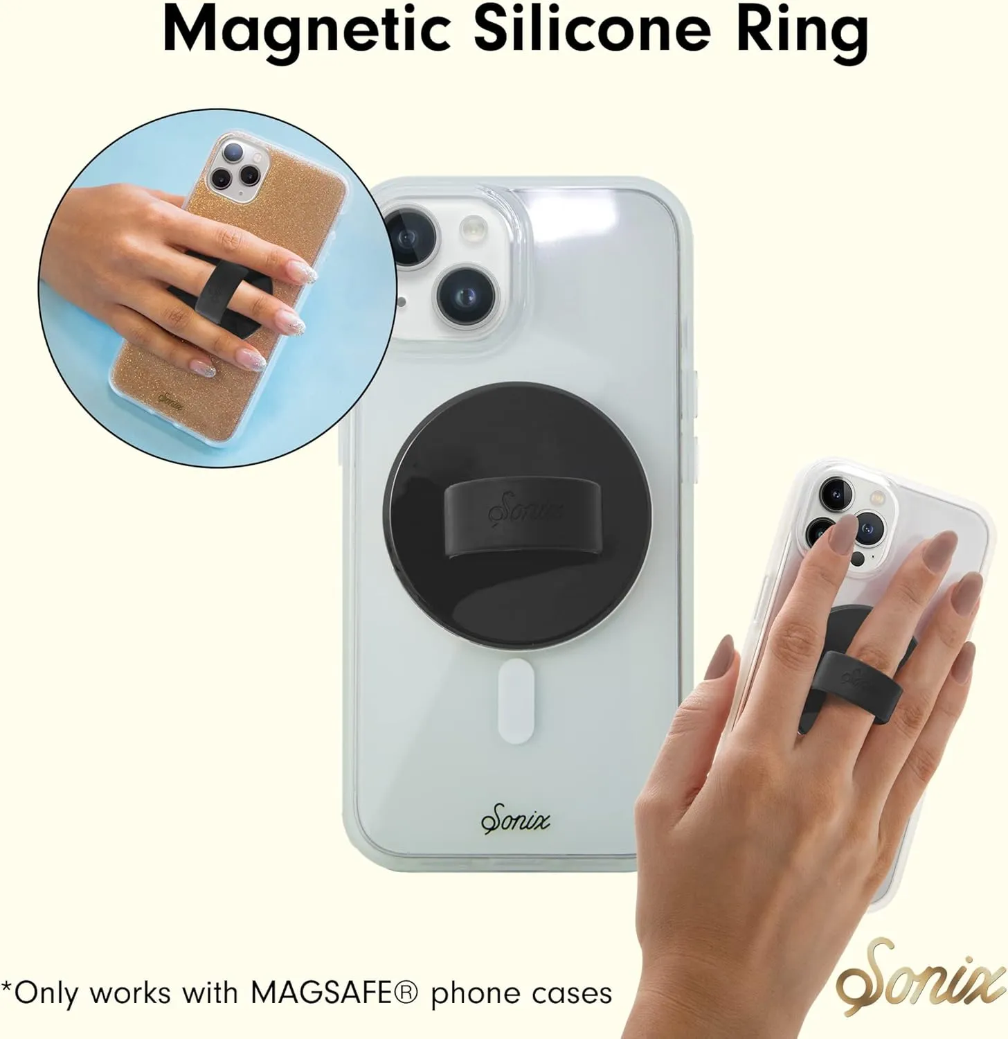 Sonix Magnetic Phone Grip, MagSafe Silicone Ring Loop Grip - Detachable Holder for Hand, Soft MagSafe Grip | Matte Black