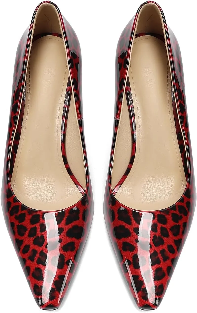 Square Toe Stiletto Heel Patent Leather Leopard Print Pumps for Women Slip On Comfortable Horseshoe Heels
