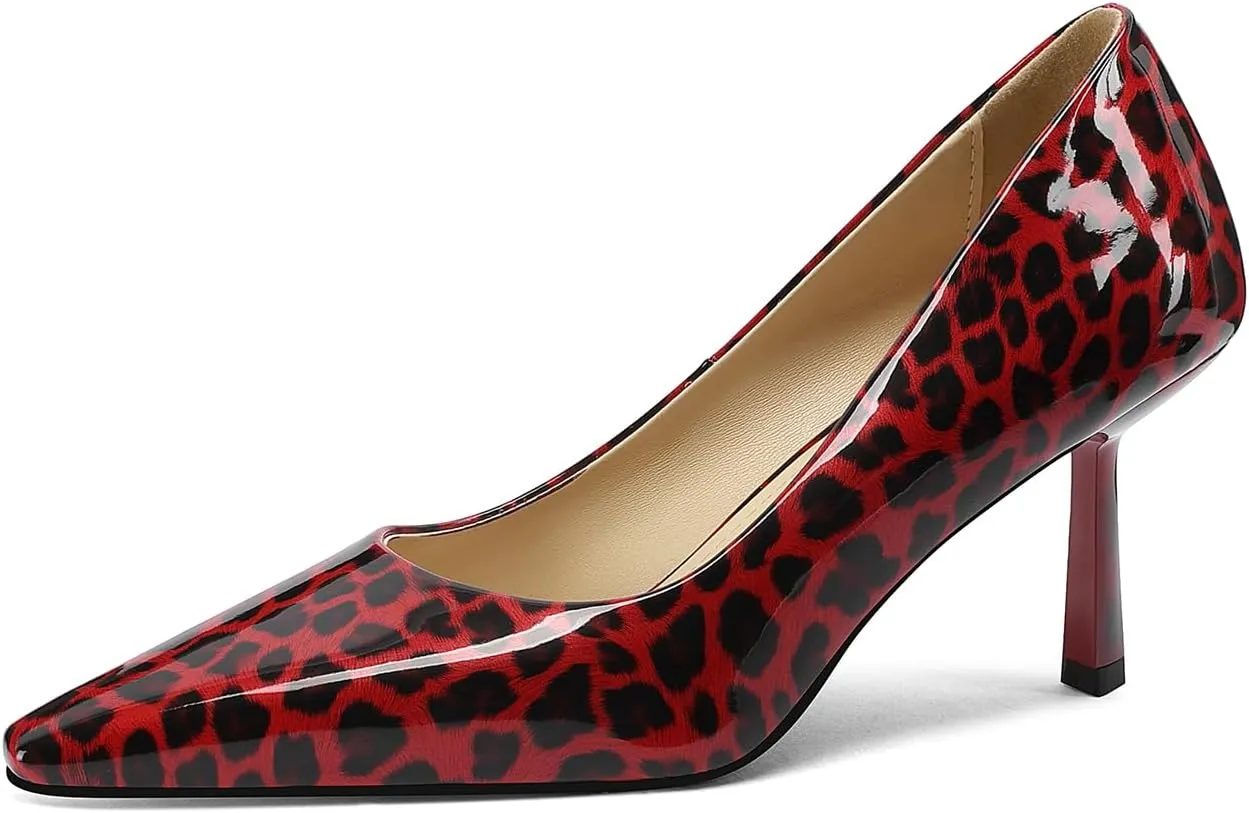 Square Toe Stiletto Heel Patent Leather Leopard Print Pumps for Women Slip On Comfortable Horseshoe Heels