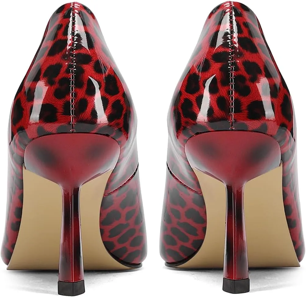 Square Toe Stiletto Heel Patent Leather Leopard Print Pumps for Women Slip On Comfortable Horseshoe Heels