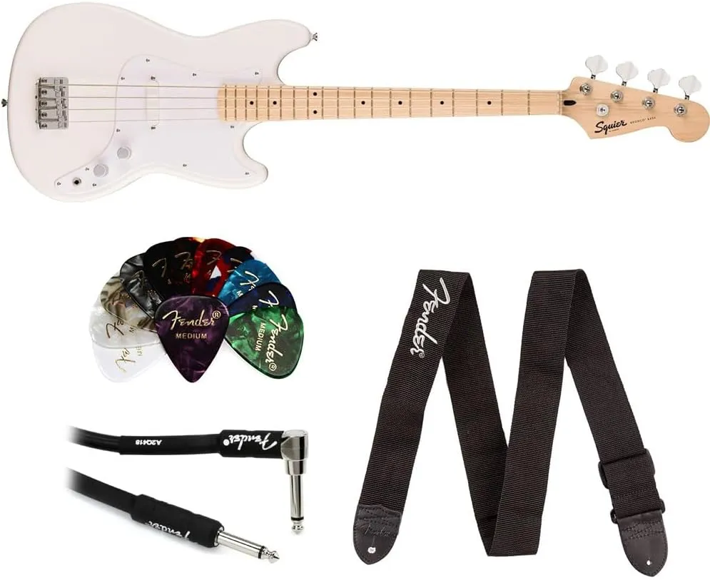 Squier Squier Maple Fingerboard Bundle with Fender Logo Guitar Strap Black, Fender 12-Pack Celluloid Picks, and Straight/Angle Instrument Cable (Arctic White, Maple Fingerboard)