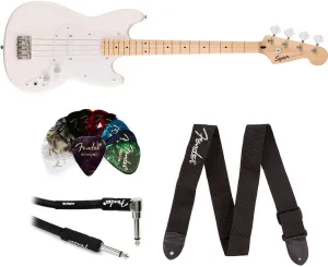 Squier Squier Maple Fingerboard Bundle with Fender Logo Guitar Strap Black, Fender 12-Pack Celluloid Picks, and Straight/Angle Instrument Cable (Arctic White, Maple Fingerboard)