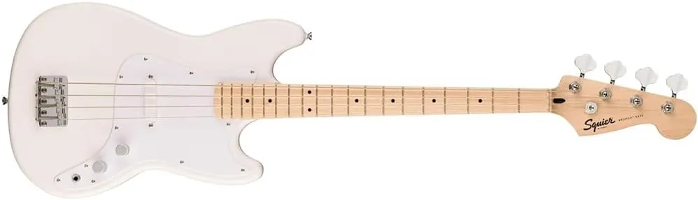 Squier Squier Maple Fingerboard Bundle with Fender Logo Guitar Strap Black, Fender 12-Pack Celluloid Picks, and Straight/Angle Instrument Cable (Arctic White, Maple Fingerboard)