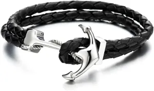 Stainless Steel Mens Women Marine Anchor Bangle Bracelet Genuine Black Braided Leather Wristband