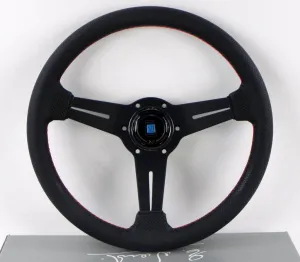 Steering Wheel - Classic Leather - 330mm (12.99 inches) - Black Perforated Leather with Red Stitching - Black Spokes - Classic Horn Button - Part # 6062.33.2092